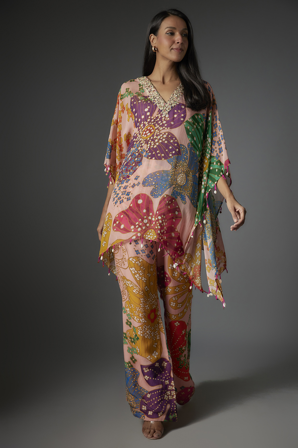 Peach Viscose Organza Printed Kaftan Set by Taavare at Pernia's Pop Up Shop