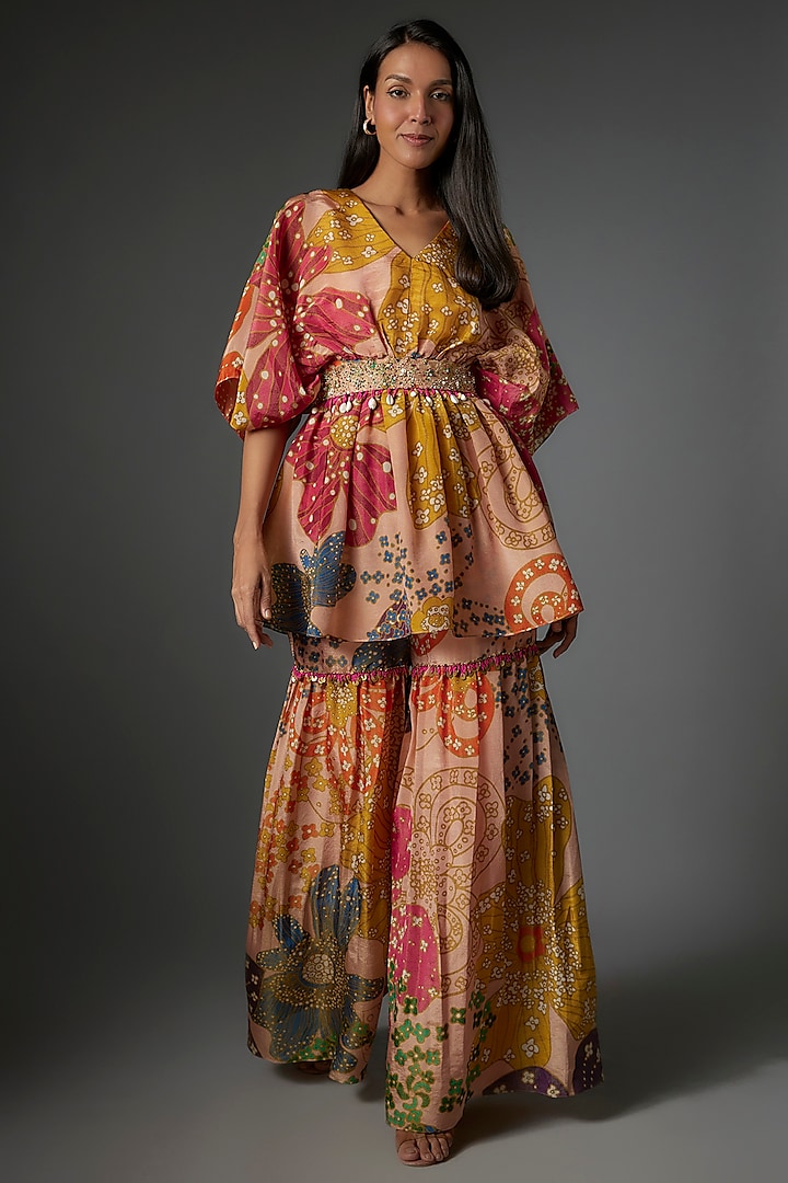 Peach Tissue Organza Printed Sharara Set by Taavare at Pernia's Pop Up Shop