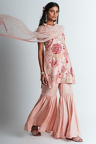 Pink Embroidered Gharara Set by Tavaare