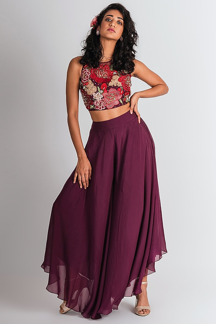 Plum Embroidered Crop Top With Pants by Tavaare