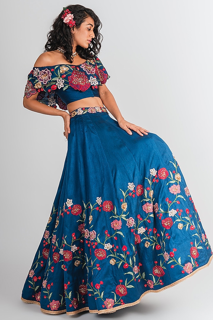 Blue Embroidered Lehenga With Crop Top by Tavaare