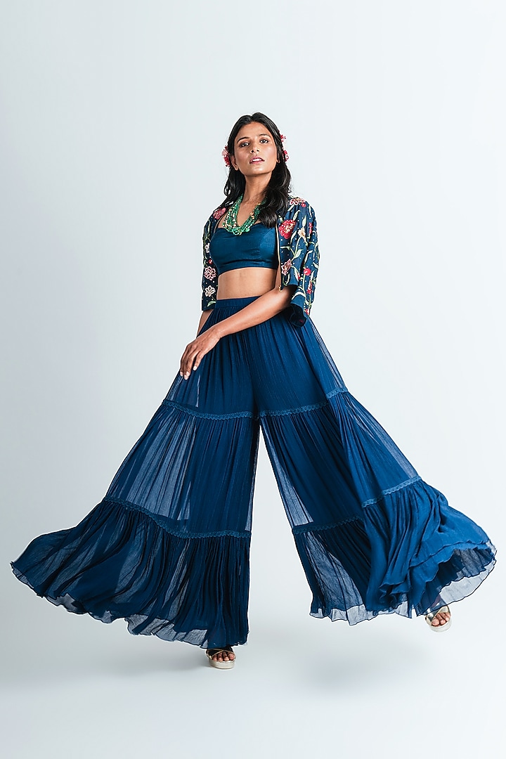 Blue Embroidered Jacket Set by Tavaare