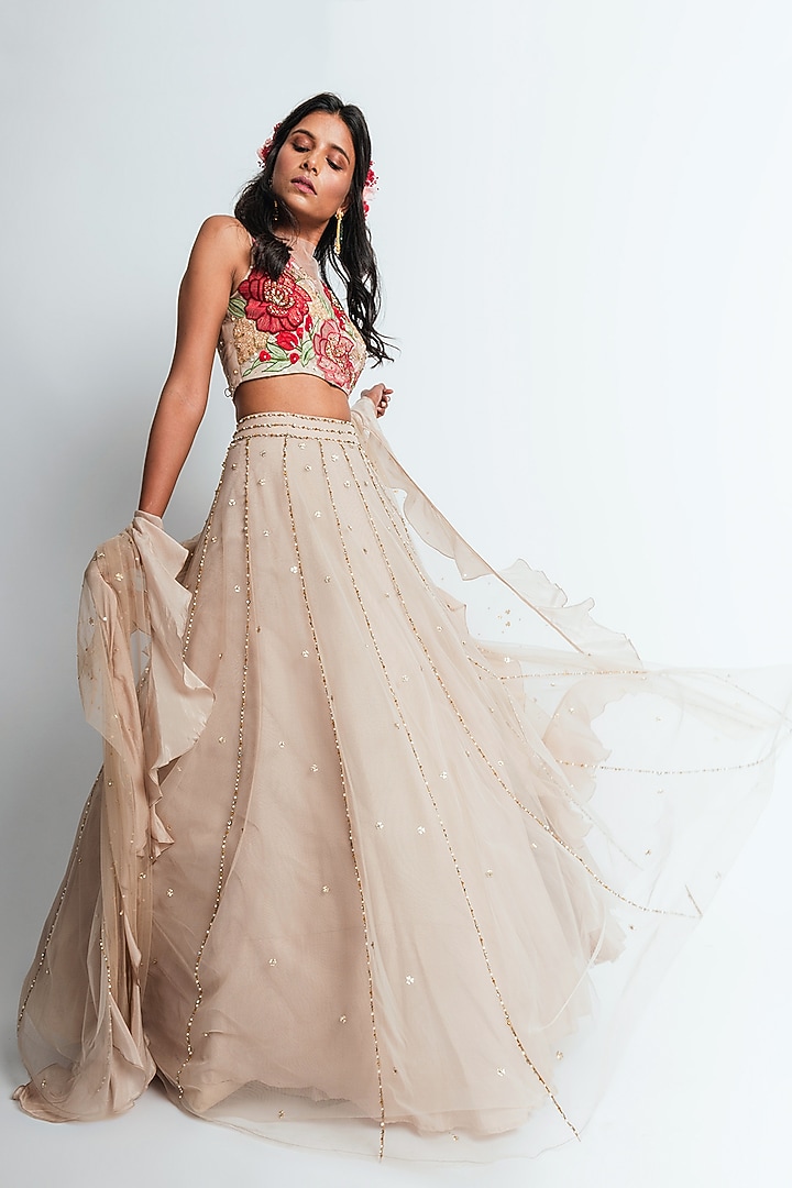 Dark Beige Raw Silk Wedding Lehenga Set by Tavaare at Pernia's Pop Up Shop