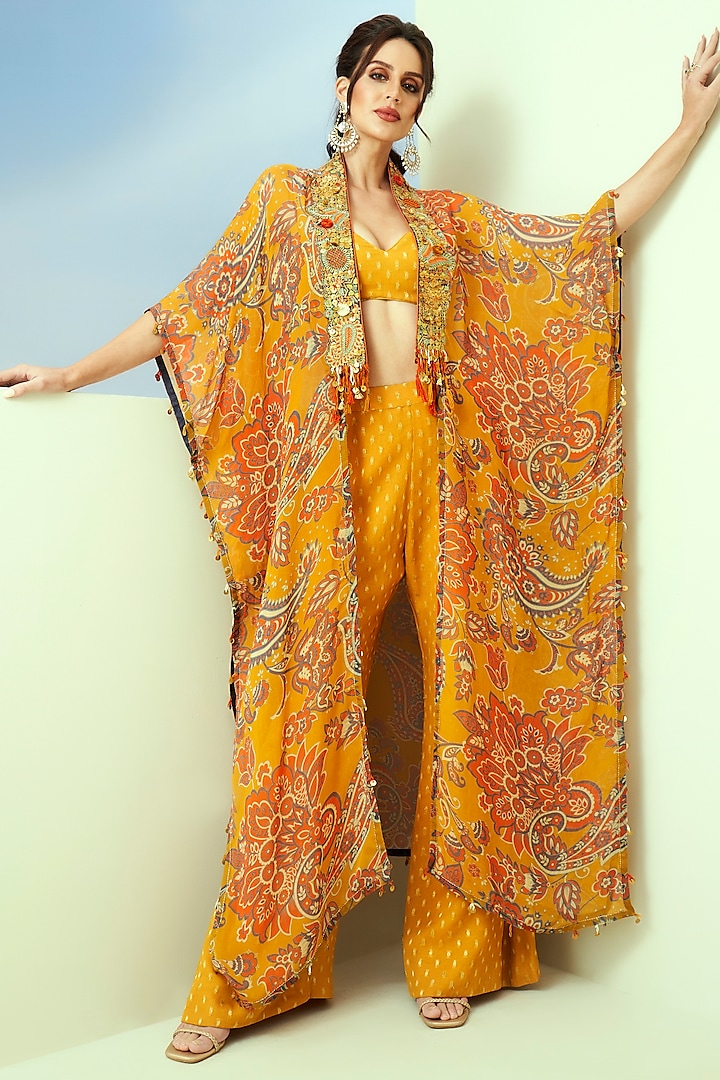 Yellow Viscose Organza Printed & Embroidered Cape Set by Taavare