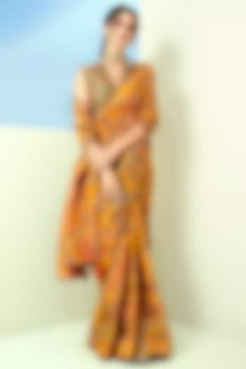 Yellow Tissue Printed Saree Set by Taavare