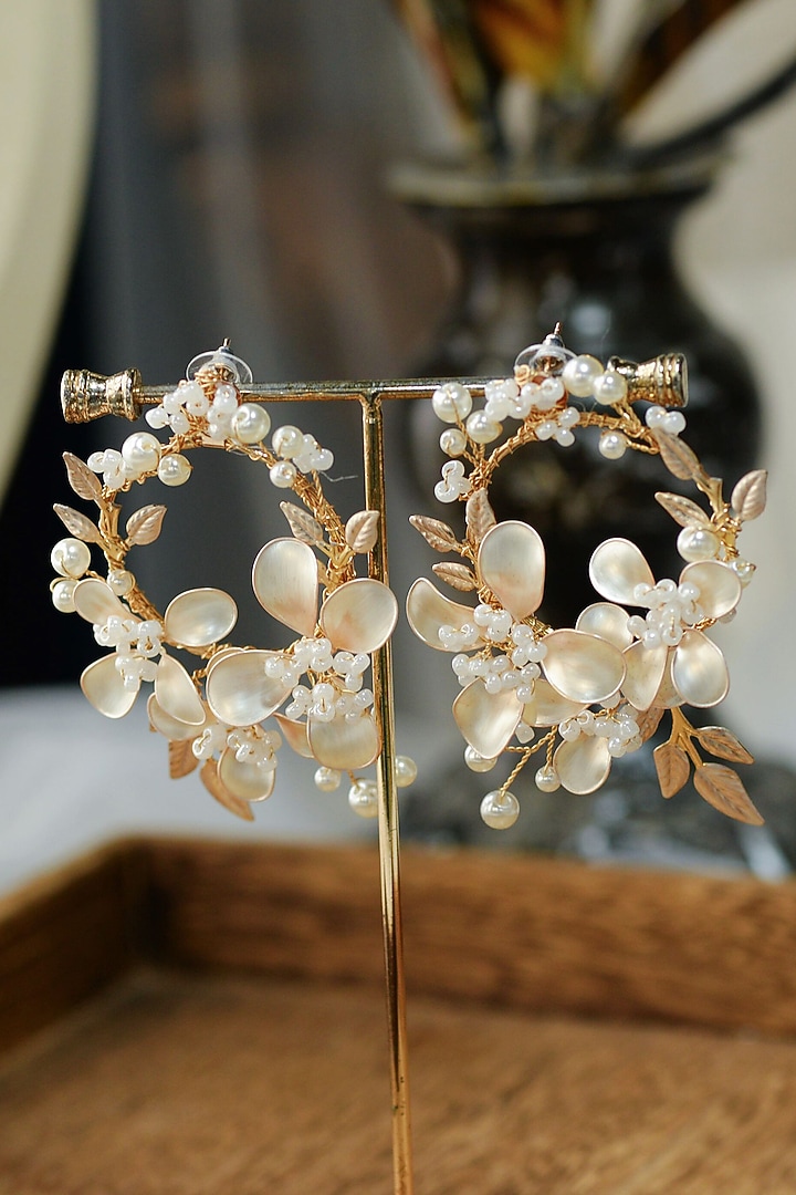 White & Golden Resin Floral Hoop Earrings by The Vintage Snob at Pernia's Pop Up Shop