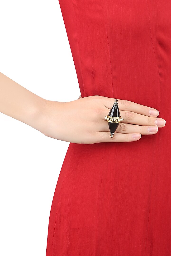 Silver Finish Black Onyx Stone and Pearls Double Triangle Cone Ring by Tanvi Garg