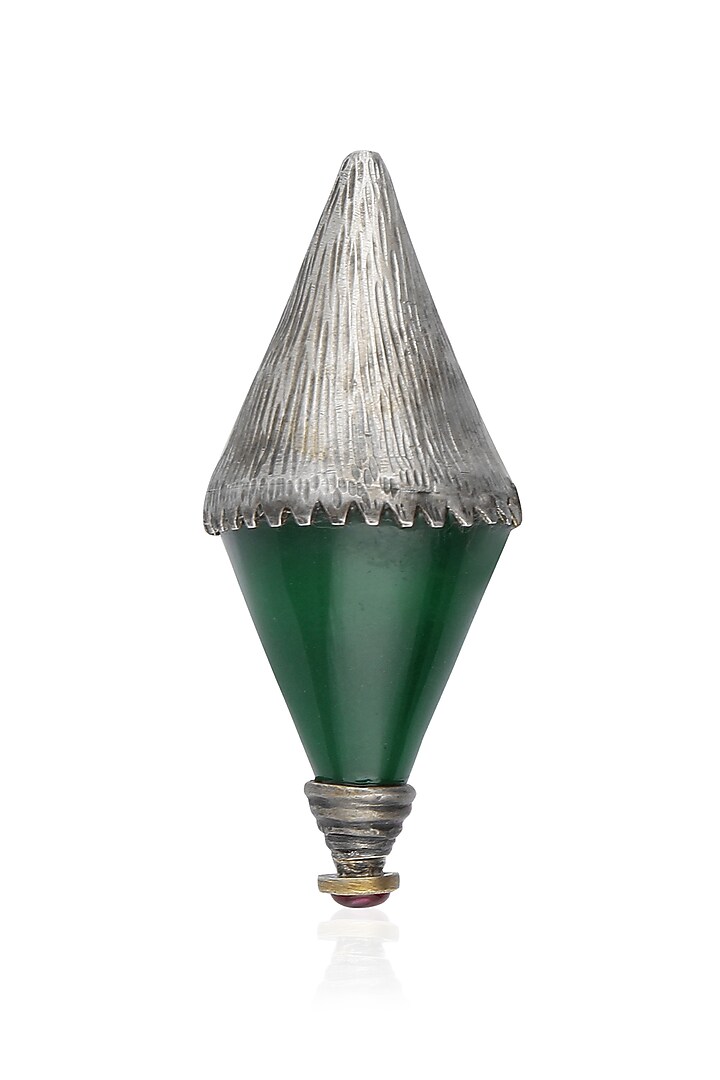 Tanvi Garg presents Silver finish emerald semi precious double triangle ring available only at Pernia's Pop Up Shop.