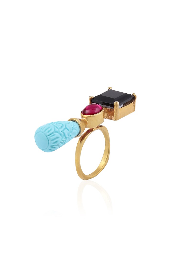 Tanvi Garg presents Gold finish turquoise, black and red onyx stone double finger ring available only at Pernia's Pop Up Shop.