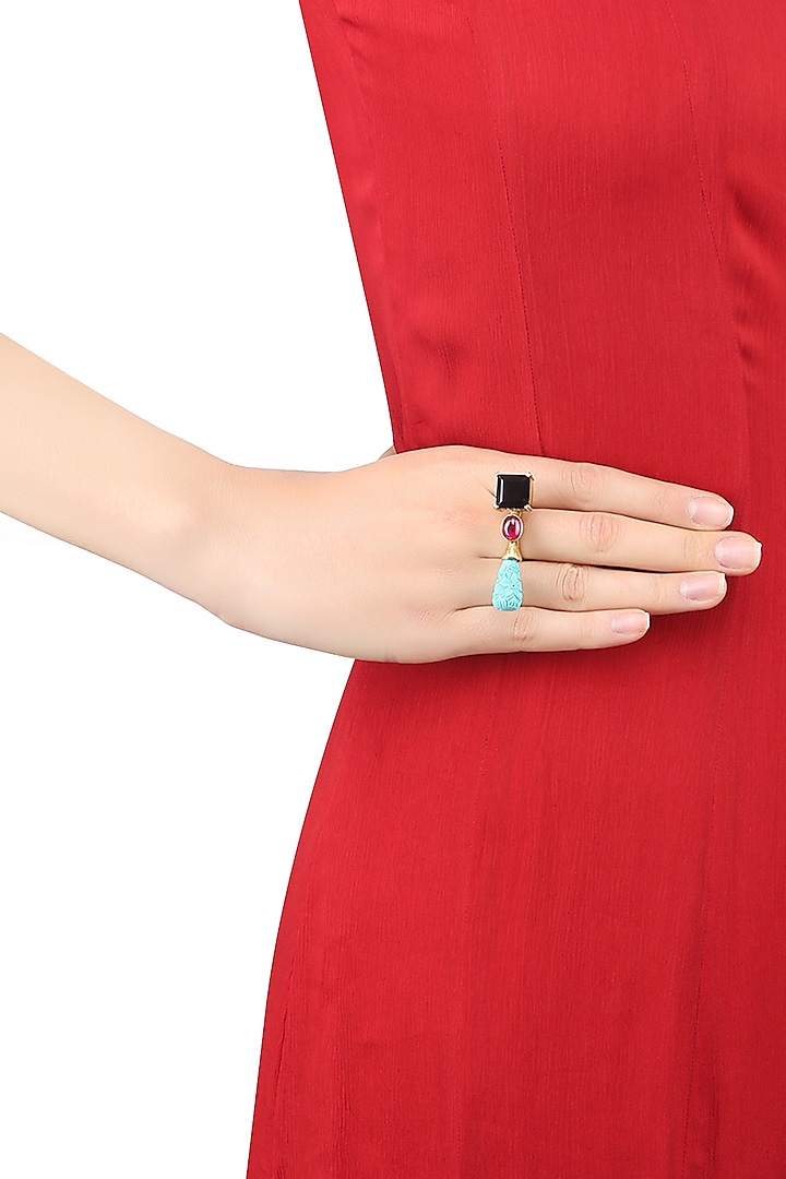 Gold Finish Turquoise, Black and Red Onyx Stone Double Finger Ring by Tanvi Garg