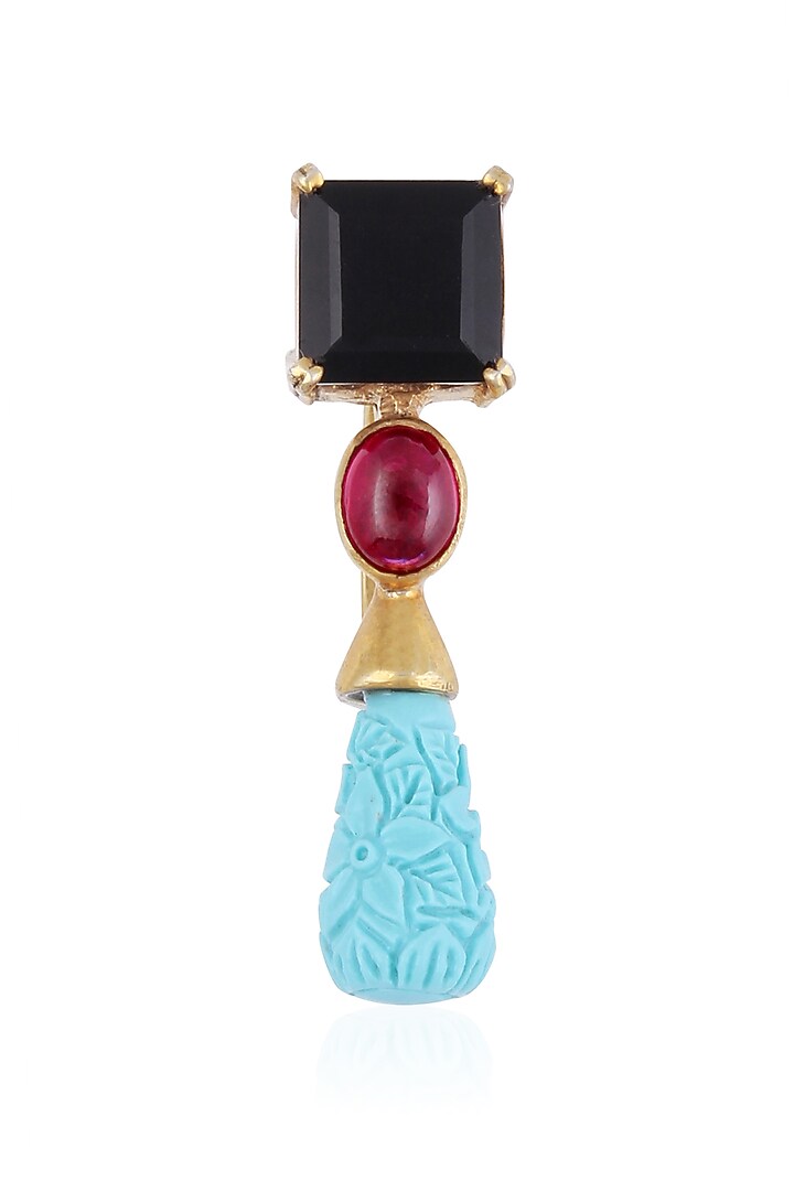 Tanvi Garg presents Gold finish turquoise, black and red onyx stone double finger ring available only at Pernia's Pop Up Shop.