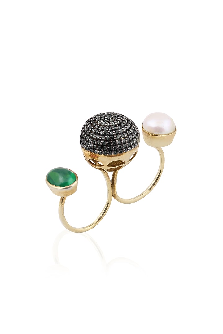 Tanvi Garg presents Gold finish black zircon and pearl double finger ring available only at Pernia's Pop Up Shop.