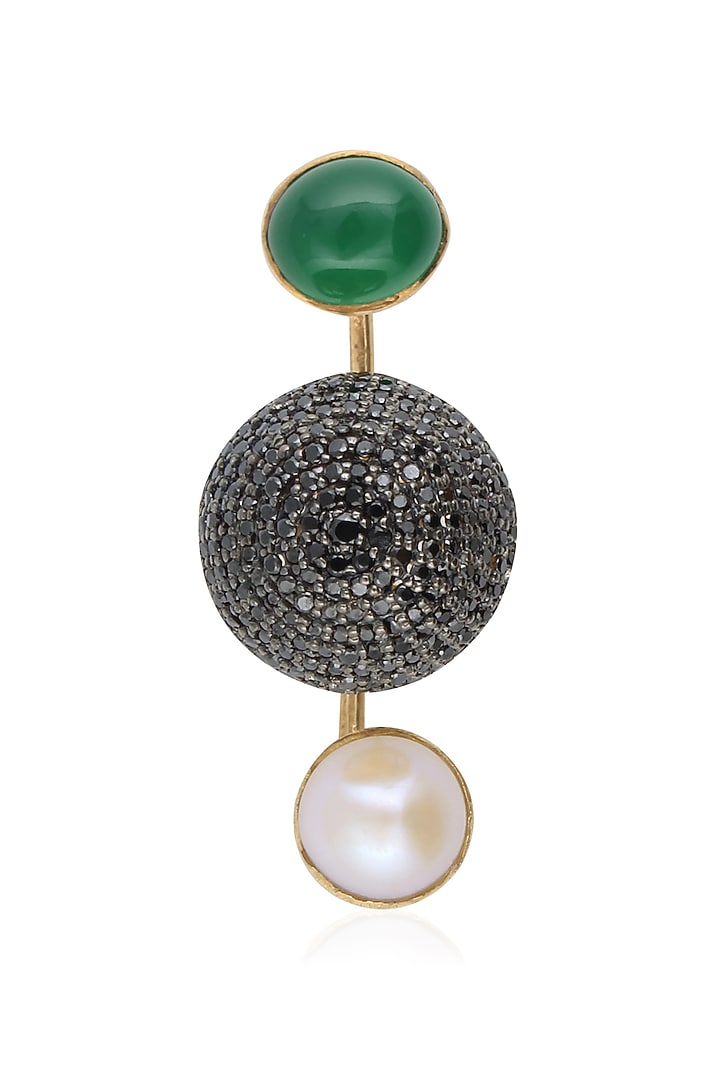 Tanvi Garg presents Gold finish black zircon and pearl double finger ring available only at Pernia's Pop Up Shop.