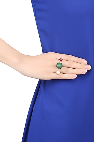 Gold Finish Green Zircon and Pearl Double Finger Ring by Tanvi Garg