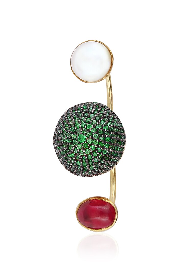 Tanvi Garg presents Gold finish green zircon and pearl double finger ring available only at Pernia's Pop Up Shop.