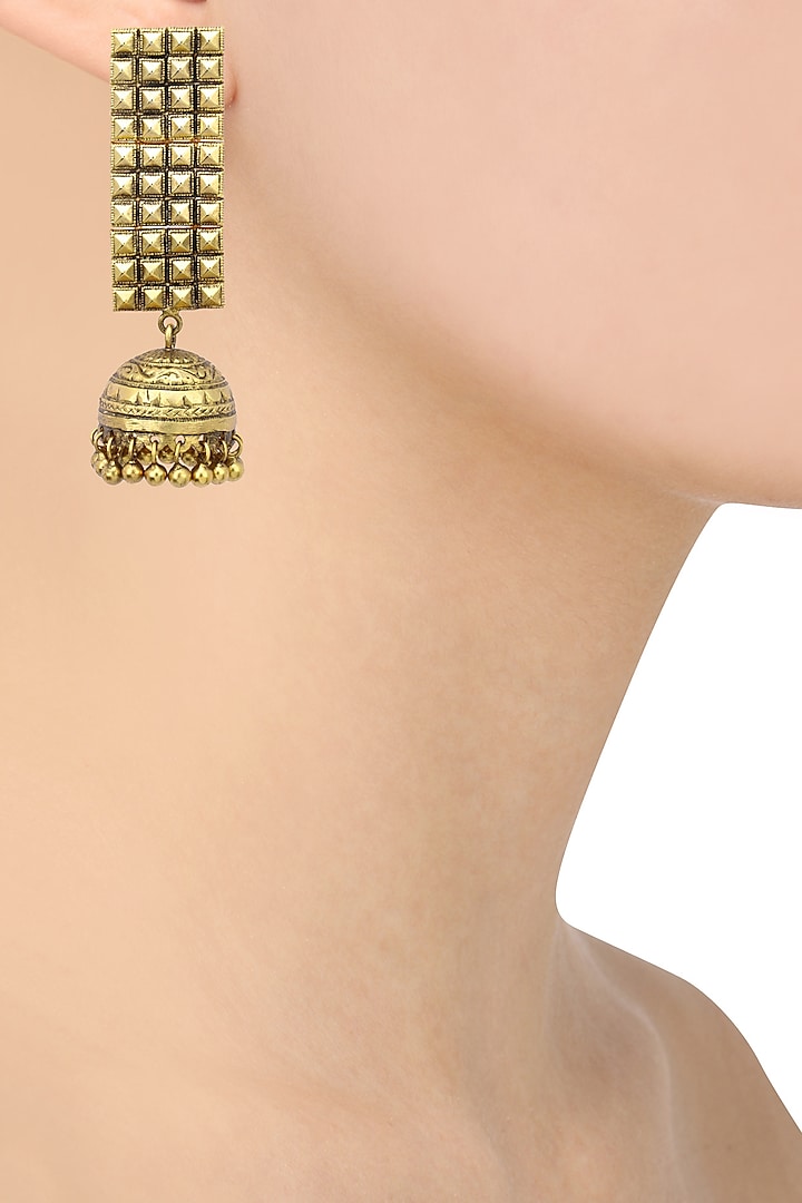 Antique Gold Finish Jhumki Drop Jaal Earrings by Tanvi Garg