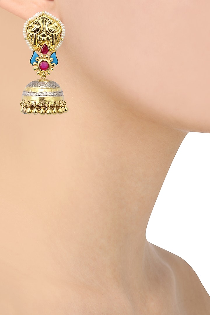 Dual Finish Glass Stone Jhumki Drop Earrings by Tanvi Garg