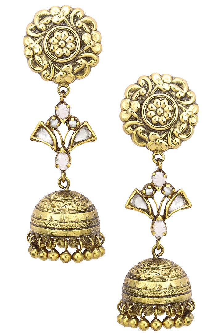 Tanvi Garg presents Antique gold finish jhumki drop flower top earrings available only at Pernia's Pop Up Shop.