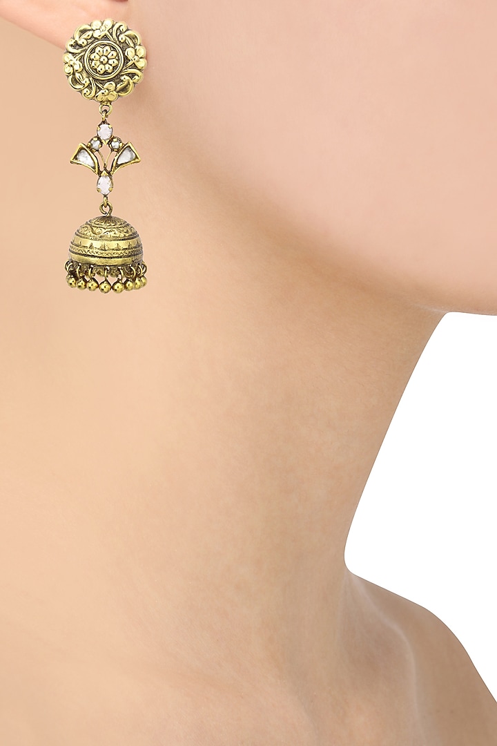 Antique Gold Finish Jhumki Drop Flower Top Earrings by Tanvi Garg