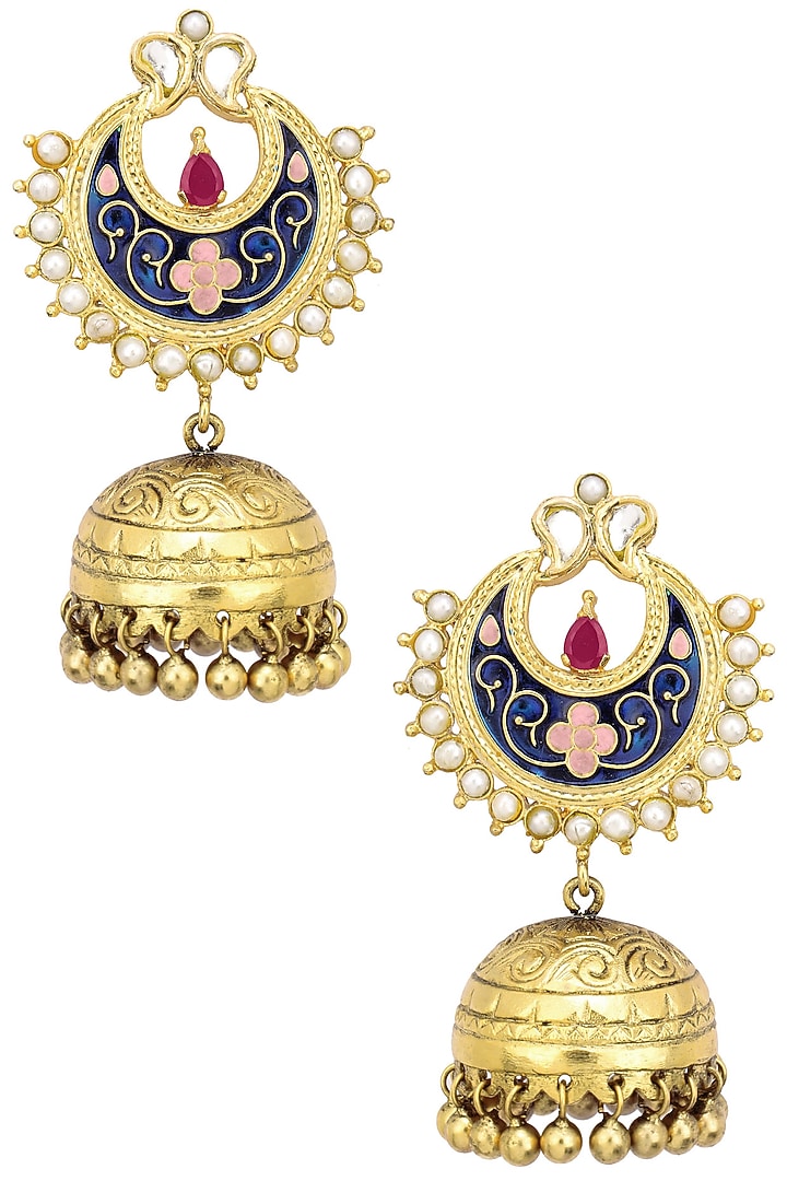 Tanvi Garg presents Antique gold finish blue crescent earrings available only at Pernia's Pop Up Shop.