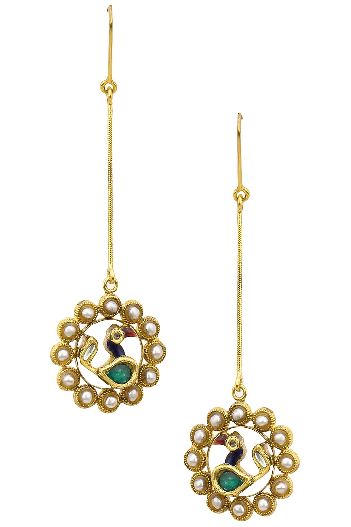 Tanvi Garg presents Gold finish peacock motif long earrings available only at Pernia's Pop Up Shop.