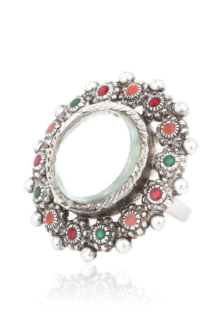 Tanvi Garg presents Silver finish mirror round ring available only at Pernia's Pop Up Shop.