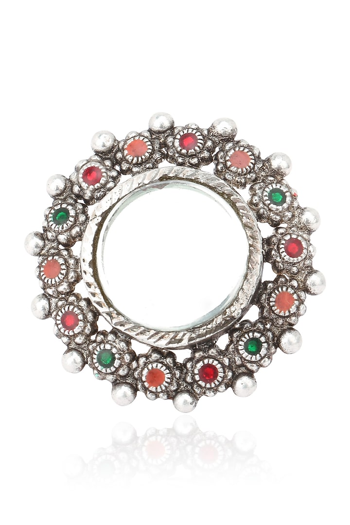 Tanvi Garg presents Silver finish mirror round ring available only at Pernia's Pop Up Shop.
