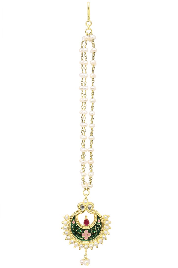 Tanvi Garg presents Gold finish green crescent motid maang tikka avialable only at Pernia's Pop Up Shop.