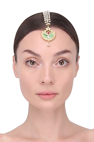 Gold Finish Green Crescent Motid Maang Tikka by Tanvi Garg
