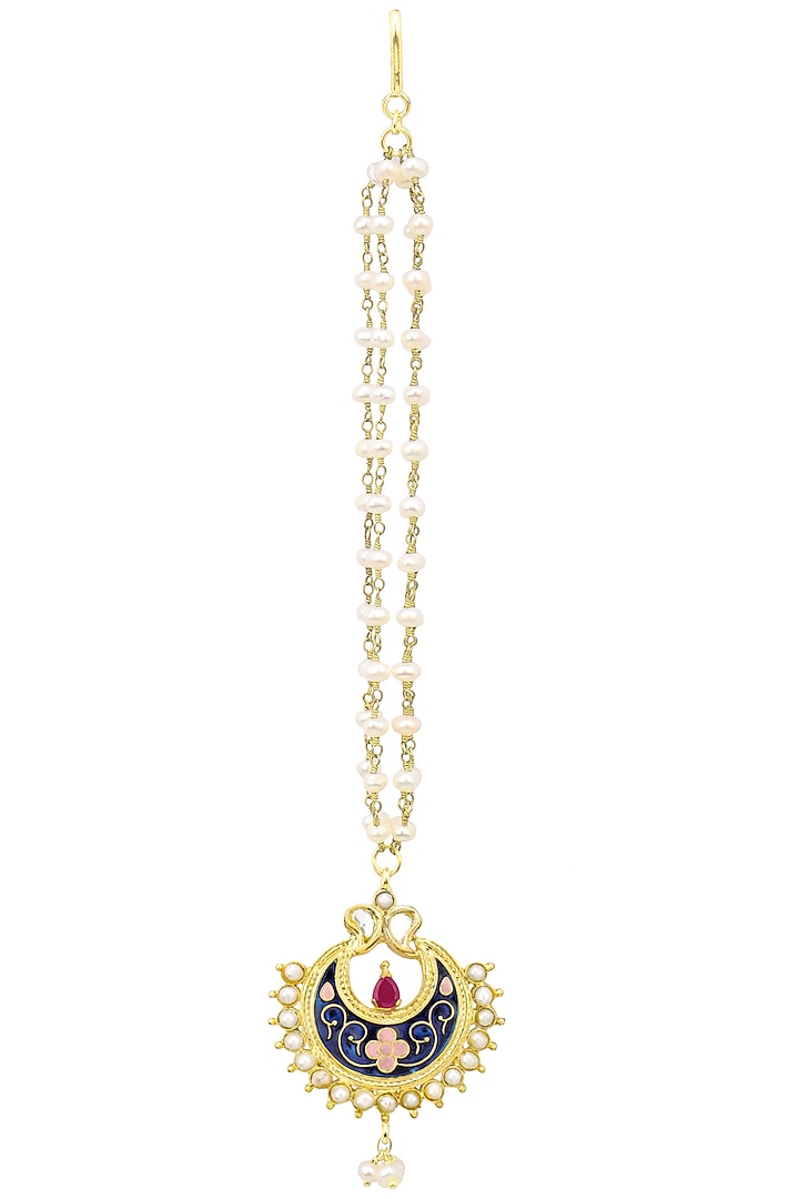 Tanvi Garg presents Gold finish blue crescent motid maang tikka available only at Pernia's Pop Up Shop.