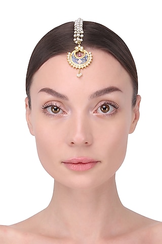 Gold Finish Blue Crescent Motid Maang Tikka by Tanvi Garg