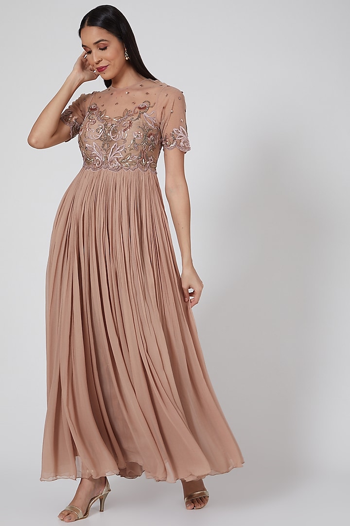 Rose Gold Flared Anarkali Gown by Twinkle Hanspal