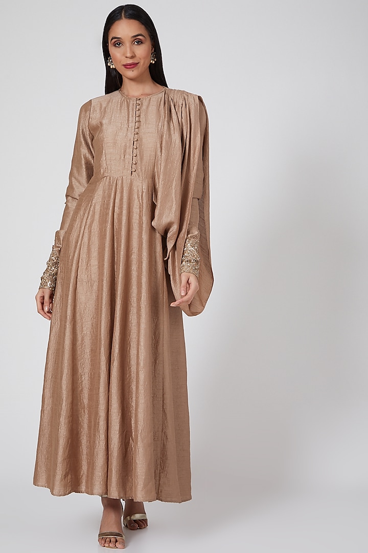 Rose Gold Embroidered Draped Kalidar Anarkali by Twinkle Hanspal at Pernia's Pop Up Shop