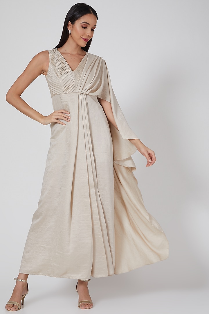 Ivory Pleated Saree Gown by Twinkle Hanspal