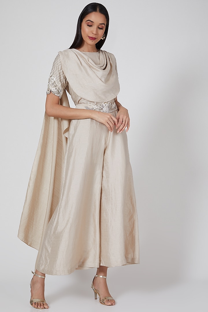 Ivory Hand Embroidered Draped Jumpsuit by Twinkle Hanspal at Pernia's Pop Up Shop