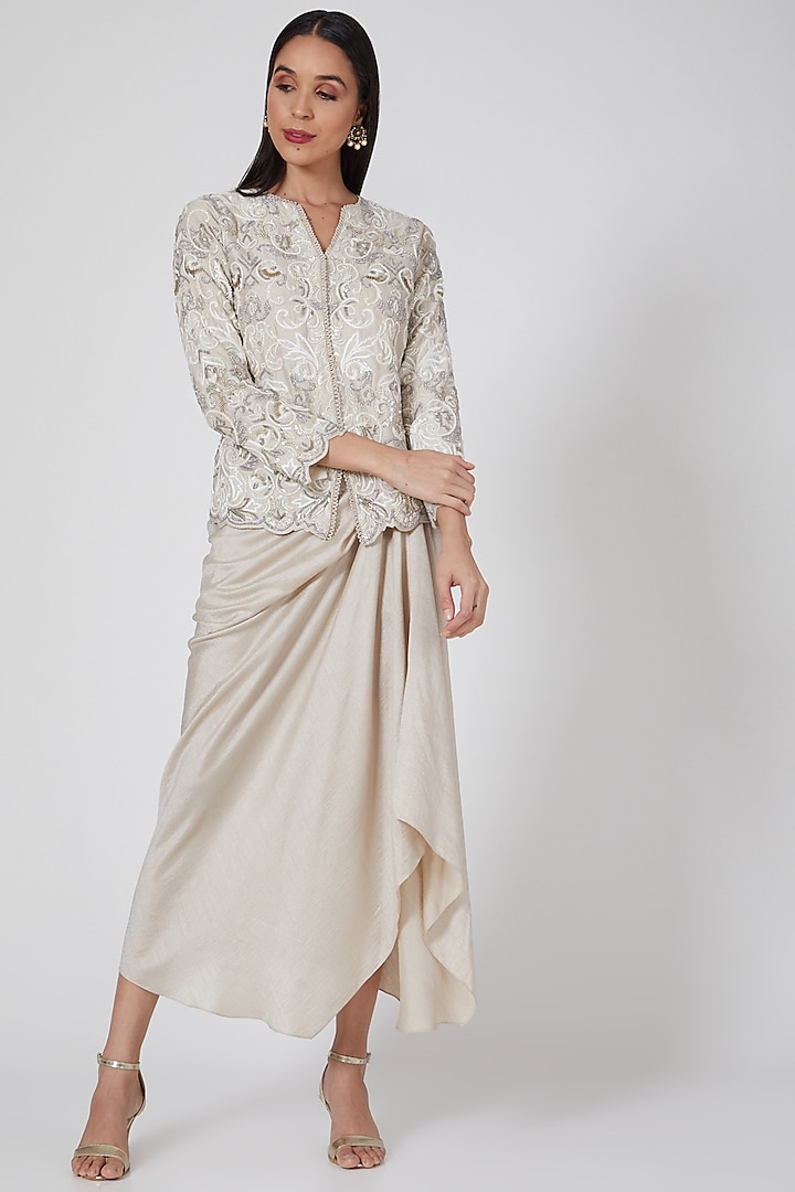 Ivory Embroidered Jacket Set by Twinkle Hanspal