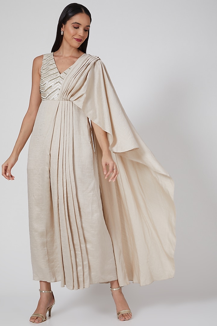 Ivory Embroidered Draped Gown by Twinkle Hanspal