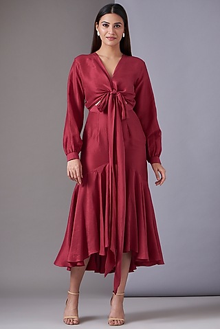 Red Silk Tie-Up Dress by Twinkle Hanspal