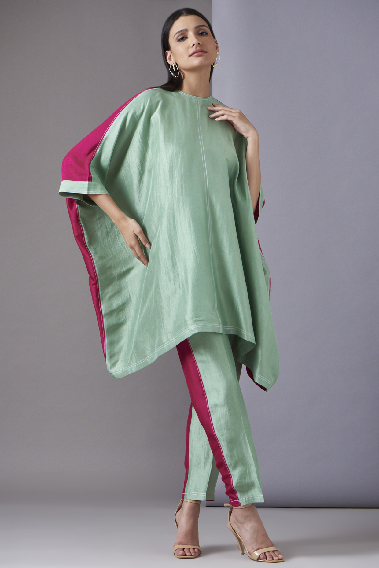 Jade Green Fuchsia Silk Fringed Kaftan Set by Twinkle Hanspal at Pernia's Pop Up Shop