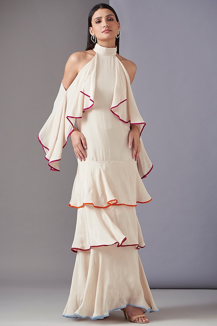 Ivory Silk Tiered Maxi Dress by Twinkle Hanspal