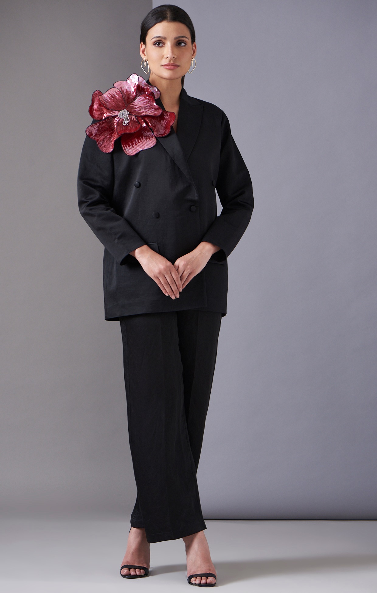 Black Linen Satin Blazer Set by Twinkle Hanspal at Pernia's Pop Up