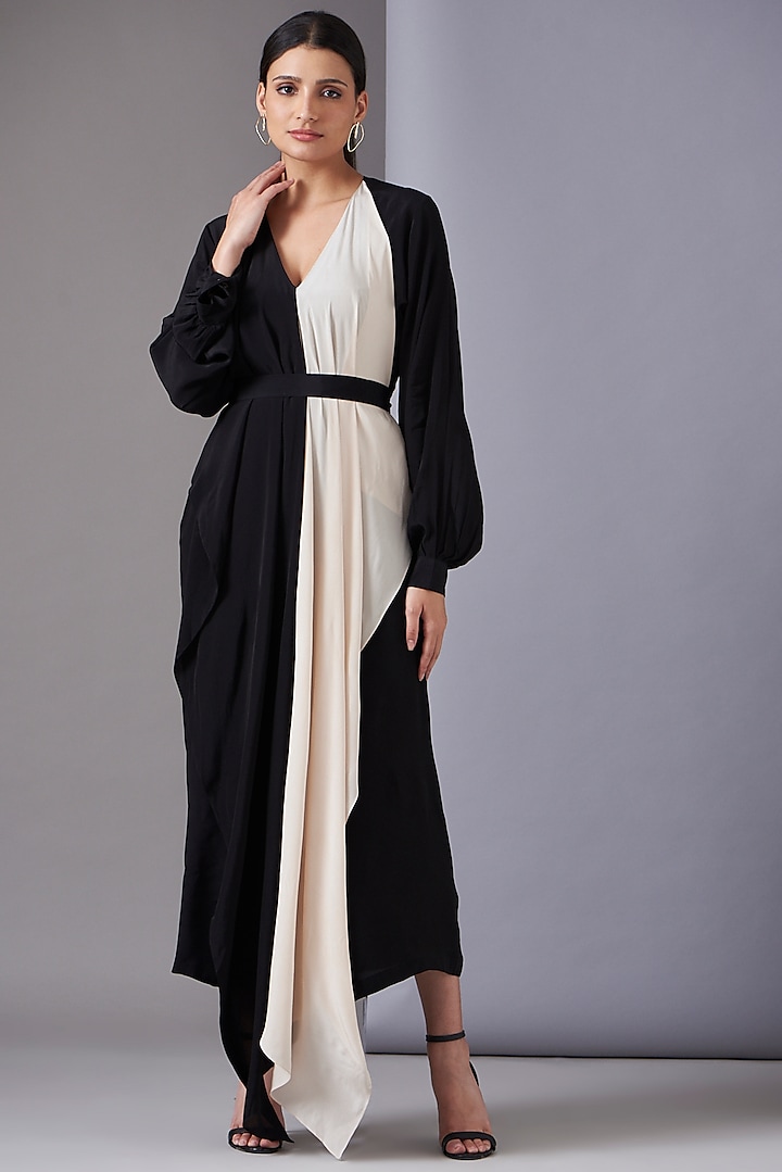 Black & Ivory Crepe Draped Dress by Twinkle Hanspal