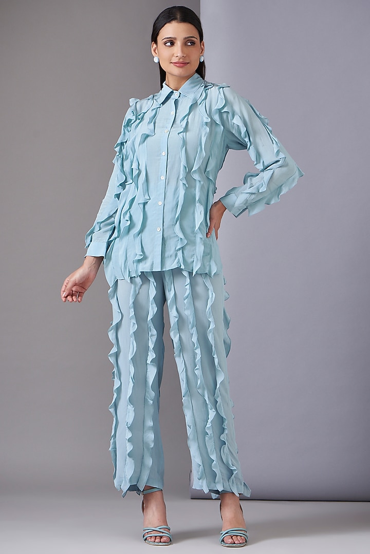 Powder Blue Crepe Frilled Co-Ord Set by Twinkle Hanspal at Pernia's Pop Up Shop