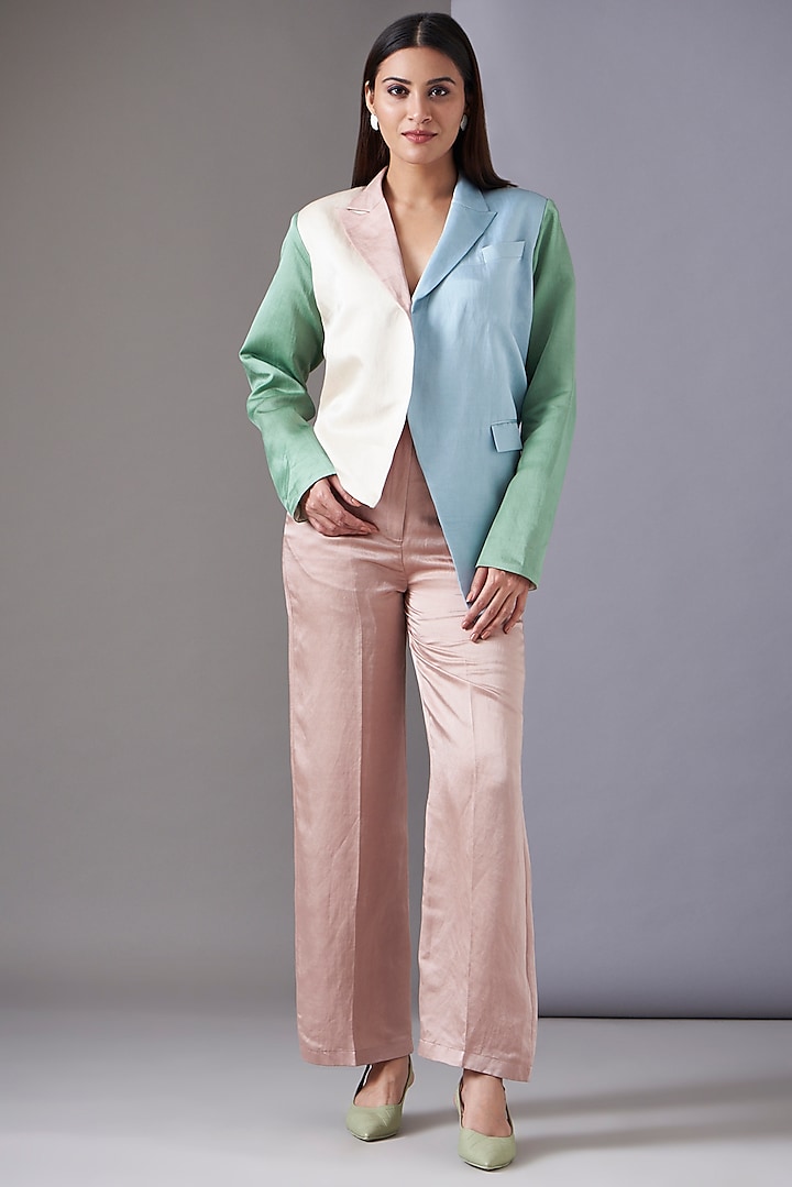 Multi-Colored Linen Satin Color-Blocked Blazer Set by Twinkle Hanspal