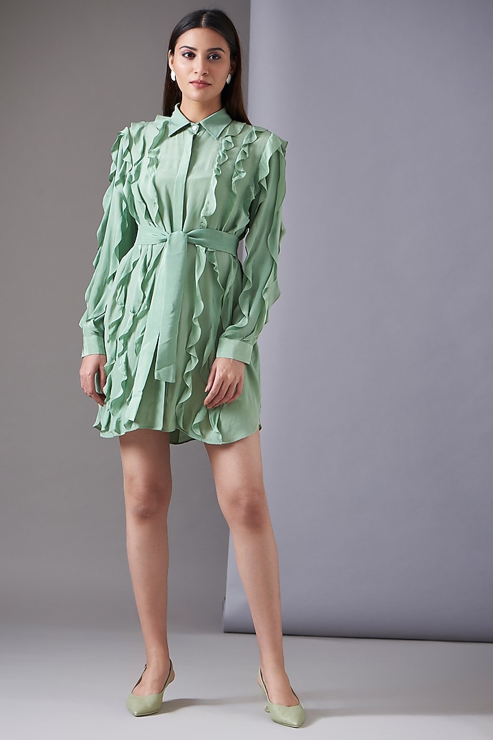 Jade Green Crepe Frilled Shirt Dress by Twinkle Hanspal