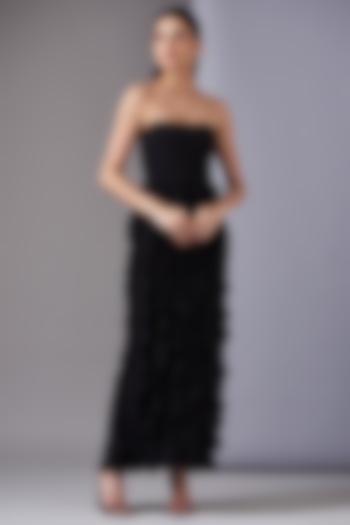Black Crepe Frill Strapless Maxi Dress by Twinkle Hanspal