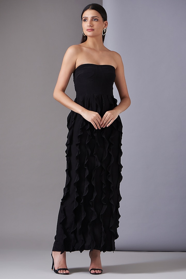 Black Crepe Frill Strapless Maxi Dress by Twinkle Hanspal