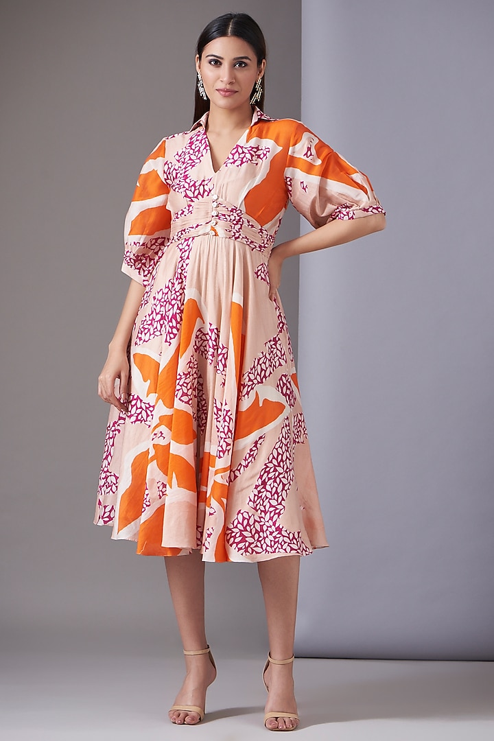 Multi-Colored Handloom Chanderi Printed Midi Dress by Twinkle Hanspal
