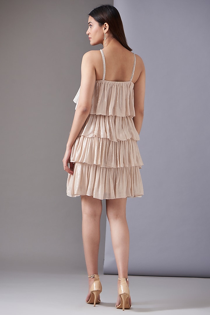 Ivory Sequins Georgette Tiered Mini Vacation Dress by Twinkle Hanspal at Pernia's Pop Up Shop