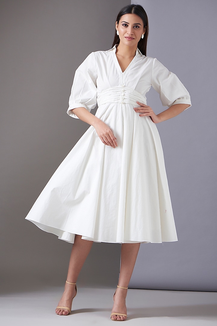 White Cotton Poplin Midi Dress by Twinkle Hanspal